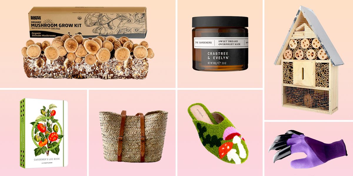 best gifts for gardeners including mushroom grow kits, garden log books, overnight masks, wicker bags, toadstool slippers, claw gardening gloves, bee homes, and more