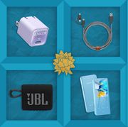 anker charger, usb cord, tp link security camera, mp3 player, jbl speaker