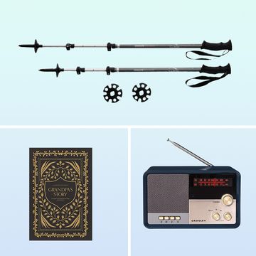 walking sticks, bocce ball set, camping chair, barbecue rubs, retired grandpa tshirt, radio, grandpa's story book