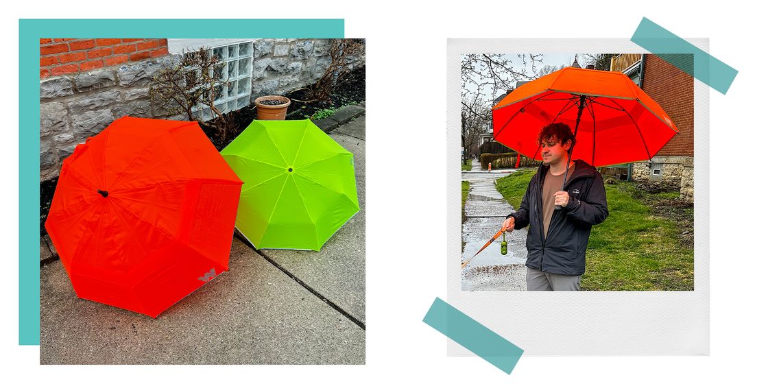 weatherman travel umbrellas open on the sidewalk together, and brnadon using an orange weatherman travel umberlla outside in the rain weatherman travel umbrellas open on the sidewalk together, and brnadon using an orange weatherman travel umberlla outside in the rain