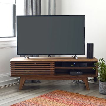 slatted media console with tv in living room slatted media console with tv in living room