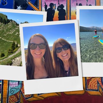 mountainous hiking trail, mother daughter snapshot, paddle boarding