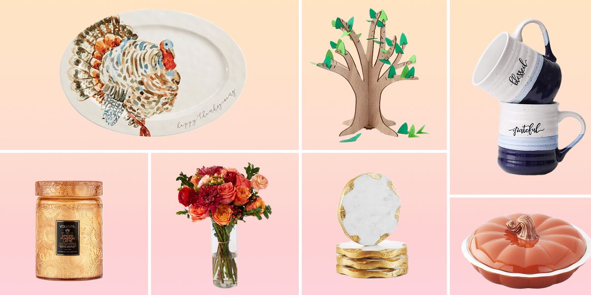 thanksgiving platter, family tree, grateful mugs, pumpkin pie plate, marble coasters, bouquet, candle