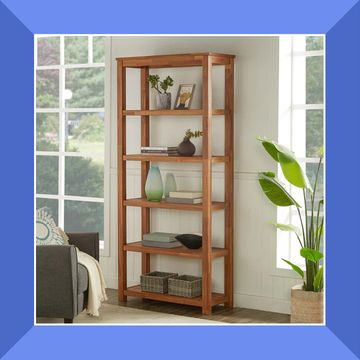wooden bookshelves in living room