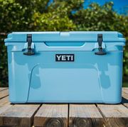 blue yeti tundra cooler on dock by lake blue yeti tundra cooler on dock by lake